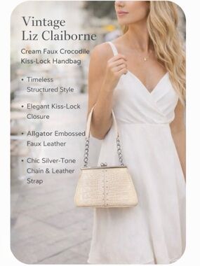 Vintage Liz Claiborne Cream Faux Croc Kiss Lock Bag Silver Chain Structure Purse